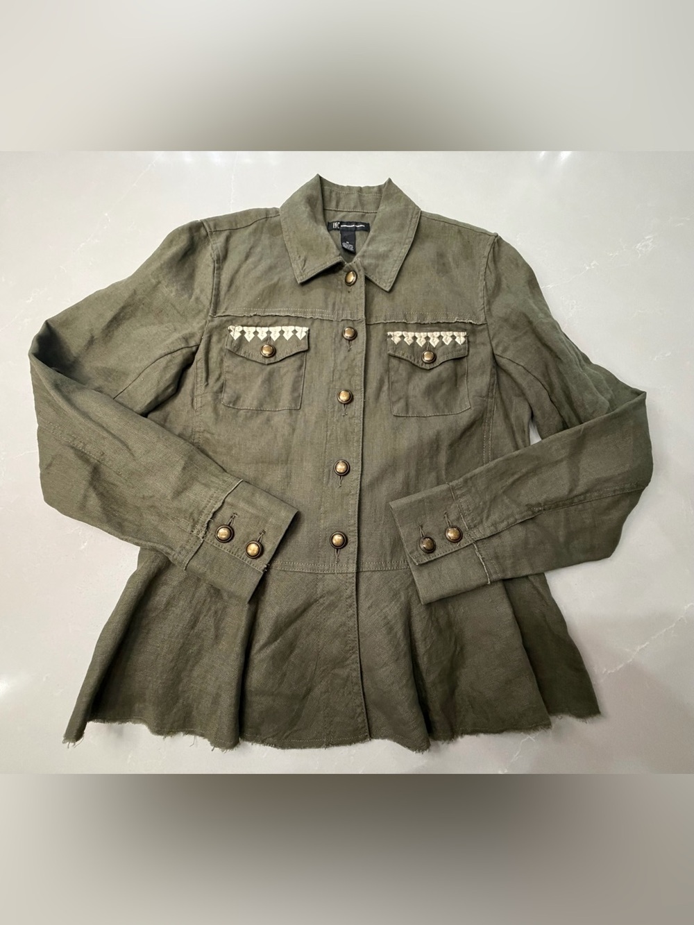 INC 100% Linen Olive Green Button-Front Utility Jacket w/ Embroidered Back, M